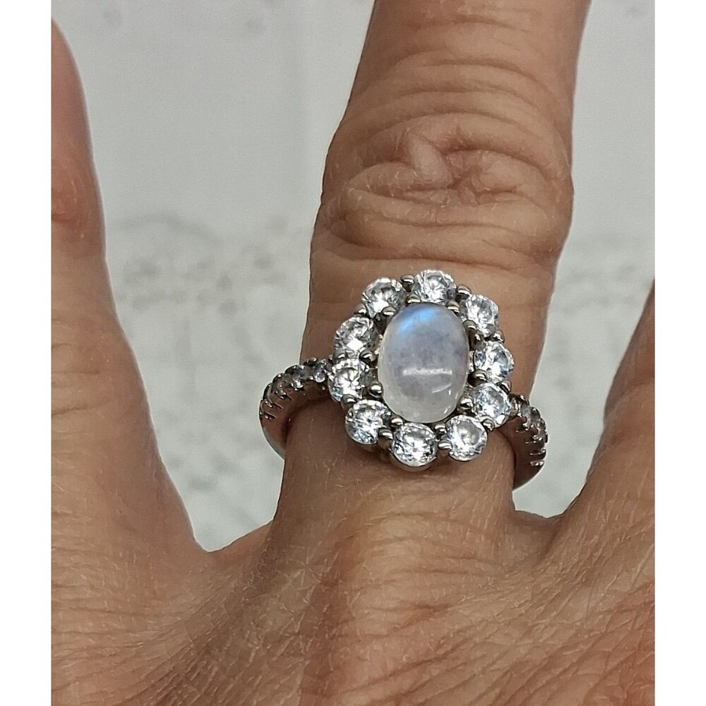 925 Sterling Silver Oval White Moonstone Halo Ring Size 6 2mm Band Silver 16.5mm